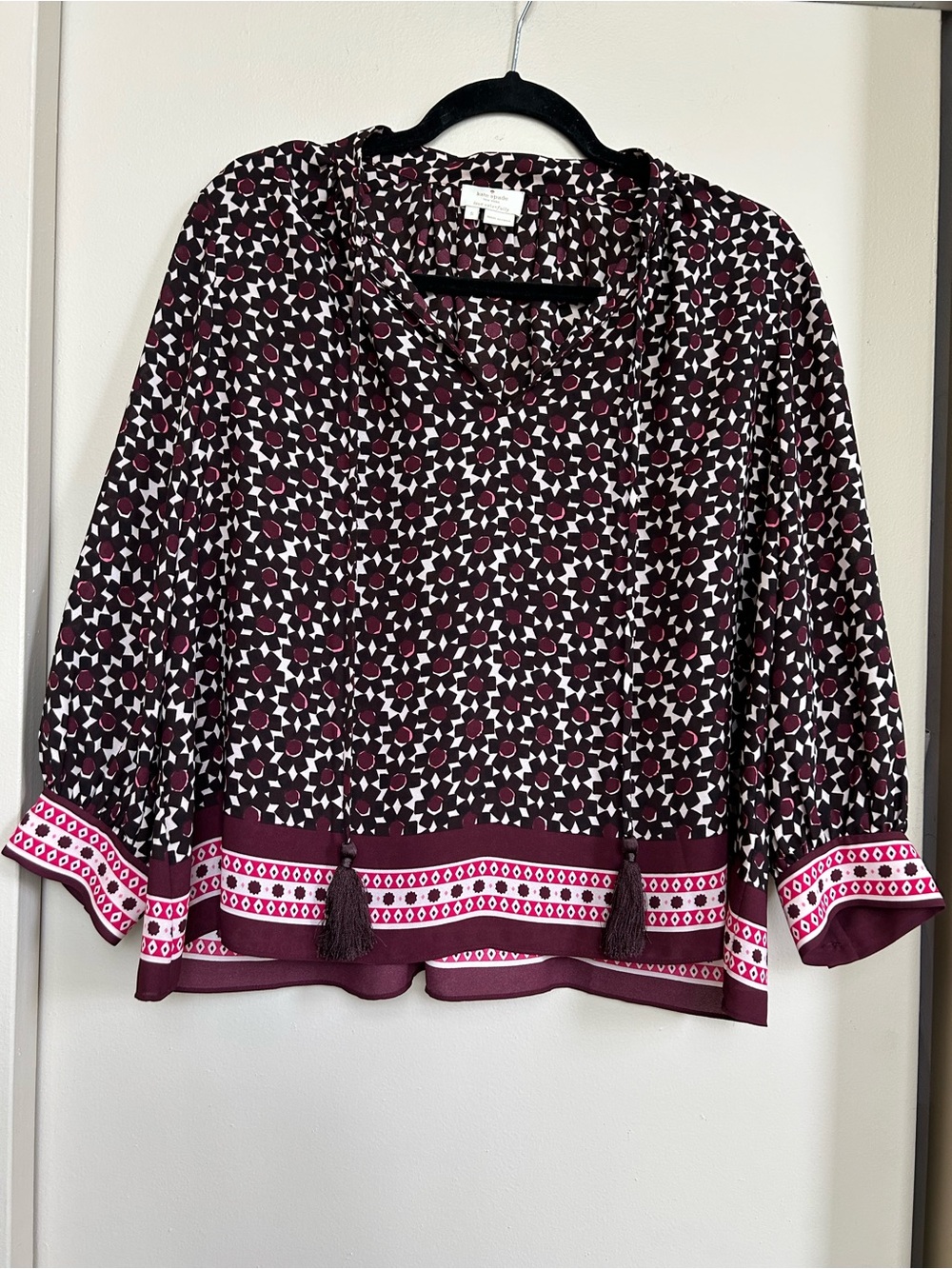kate spade new york Geometric Tie Neck Tassel V-Neck 3/4 Sleeve Blouse S